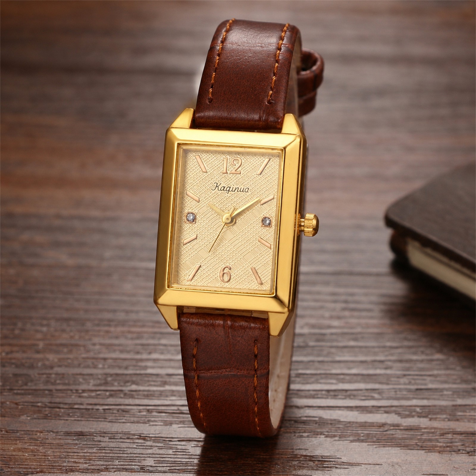Women Business Rectangle Rhinestone PU Leather Band Wrist Watch for Daily Office