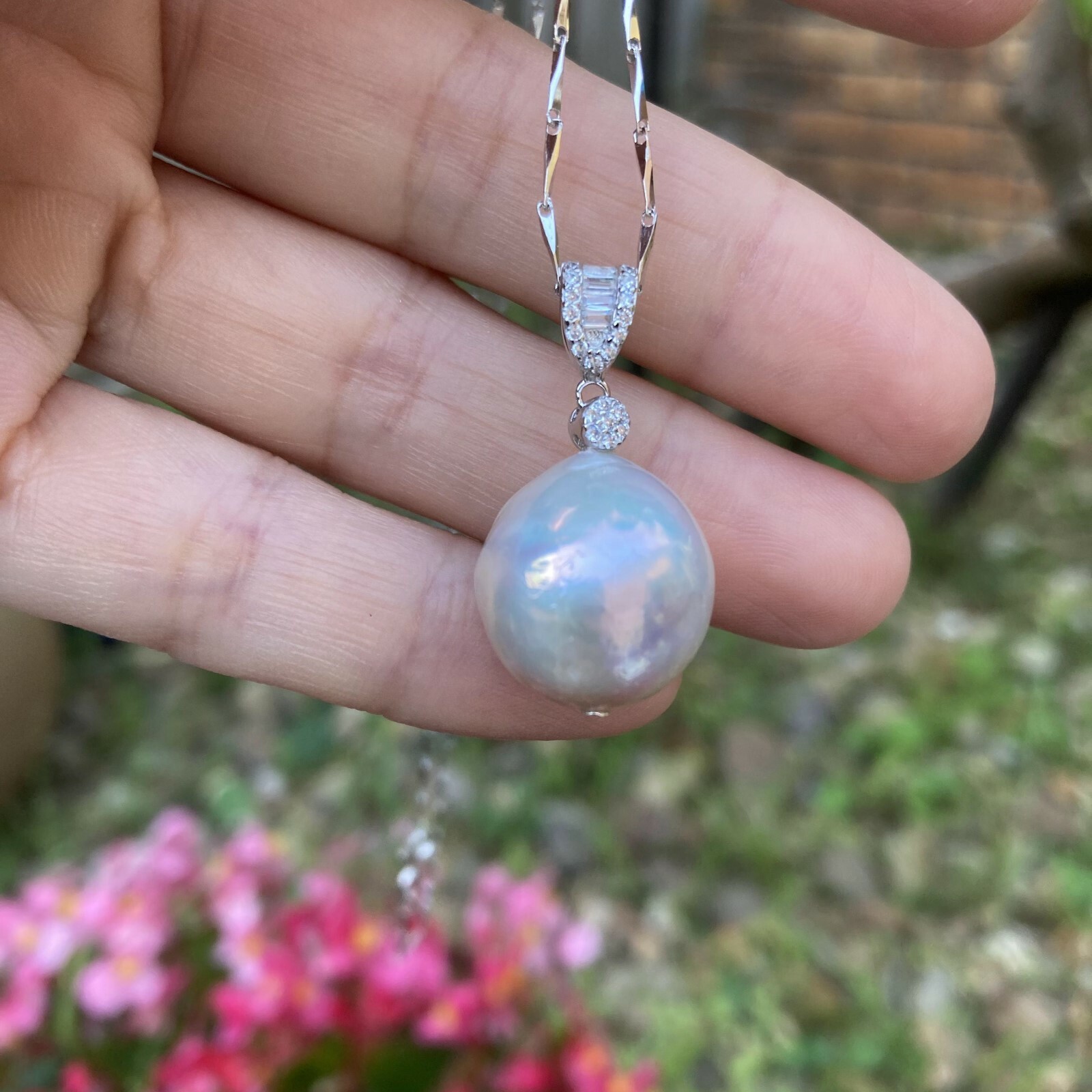 16mm Kasumi white freshwater Pearl high luster sterling silver Pendant necklace
