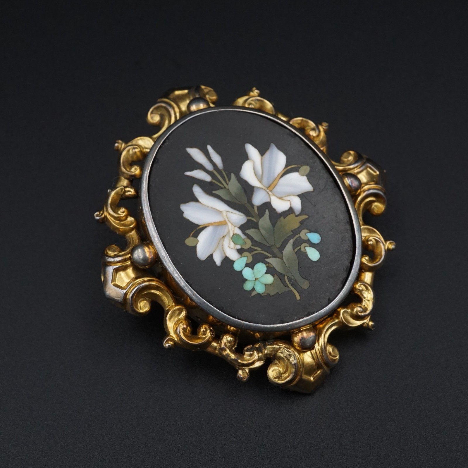 Antique Victorian Pietra Dura Floral Brooch Inlay 9k Yellow Gold OG603