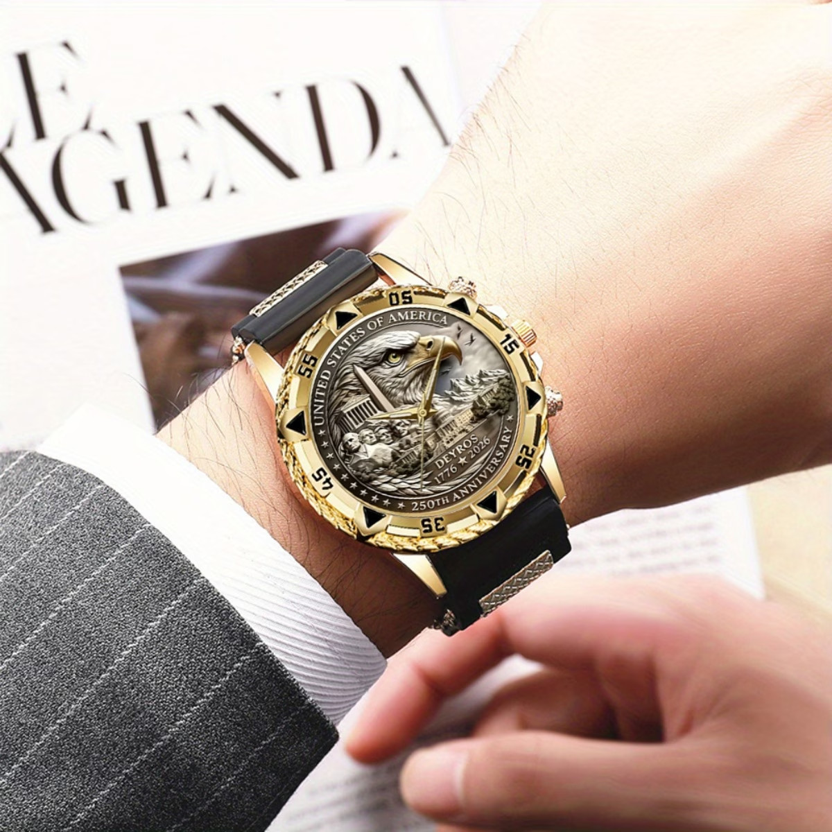 Men Luxury Quartz Watches 250Th USA Anniversary Eagle and Mount Rushmore Gift