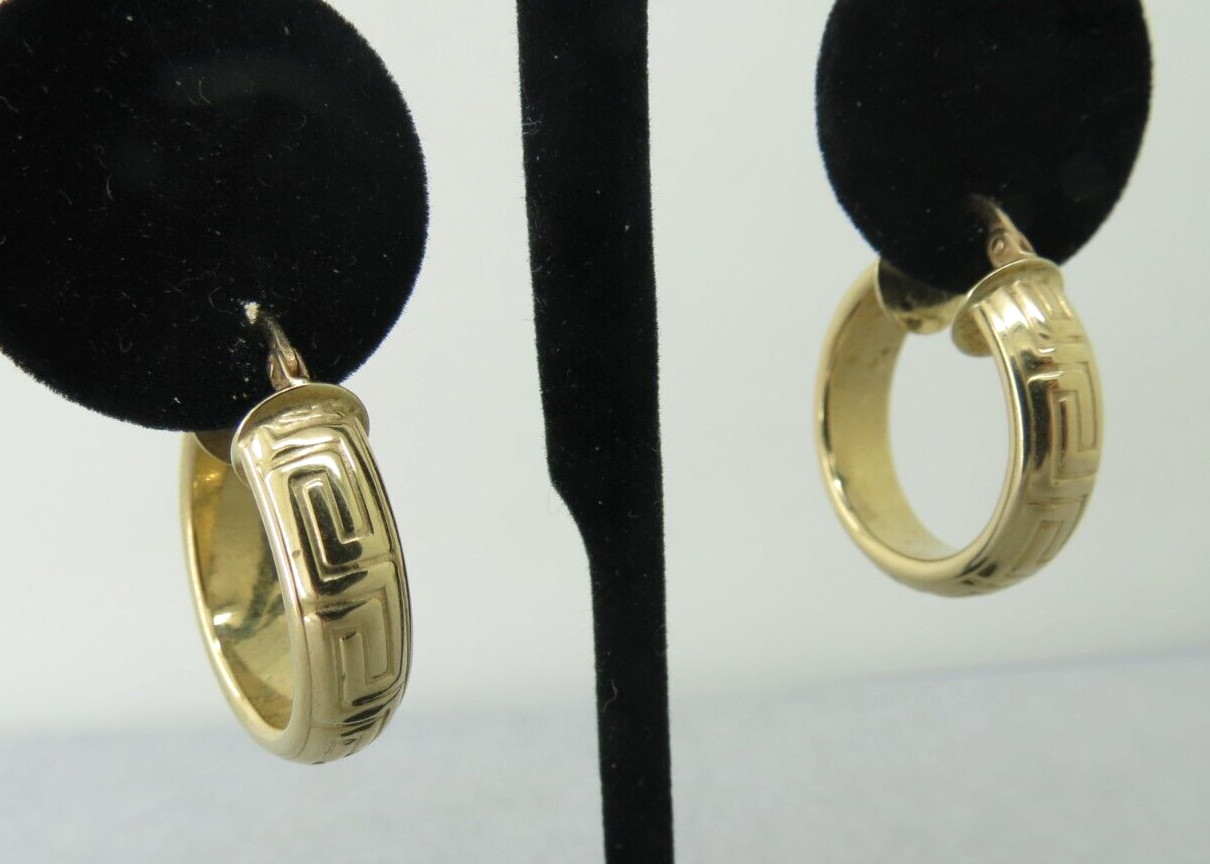 14k Hoop Earrings Yellow Gold Greek Key Symbol 4mm Wide Pierced 3.91 Grams