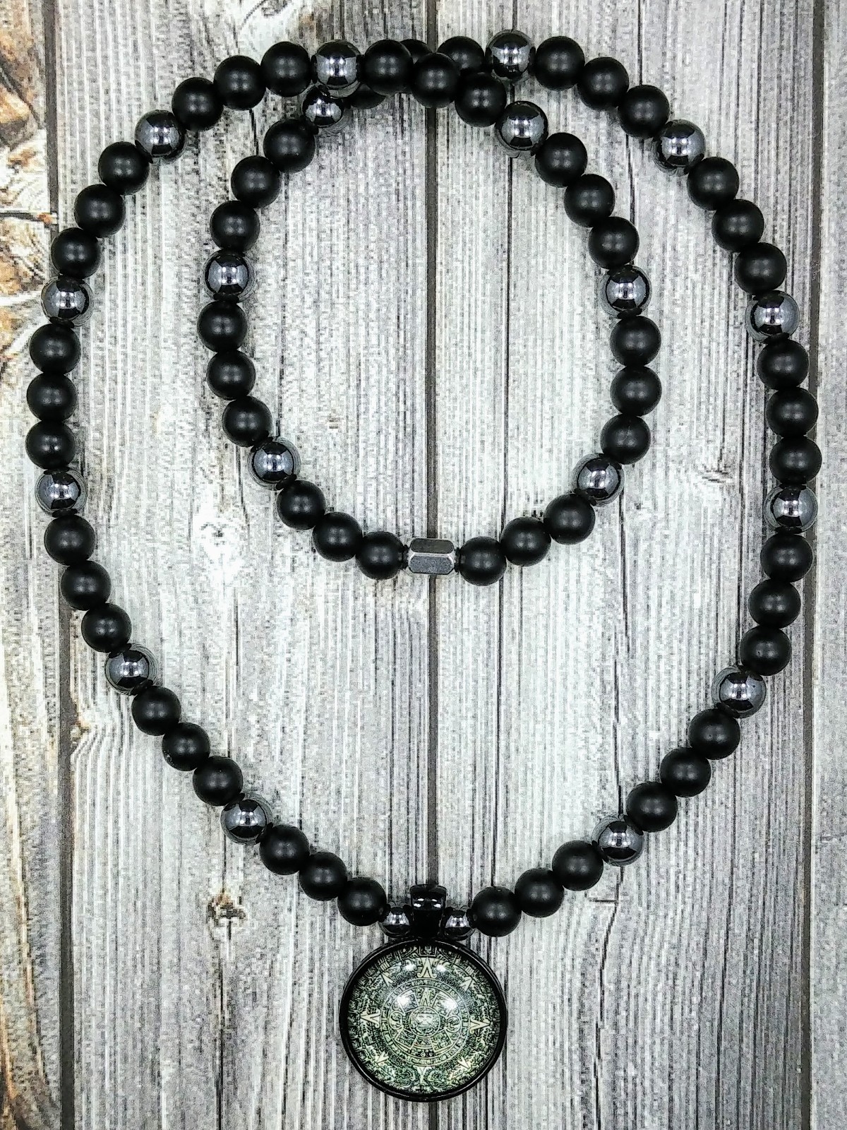 24″L Mexican Aztec Calendar Pendant 8mm Onyx+Hematite Gemstone Beaded Necklace
