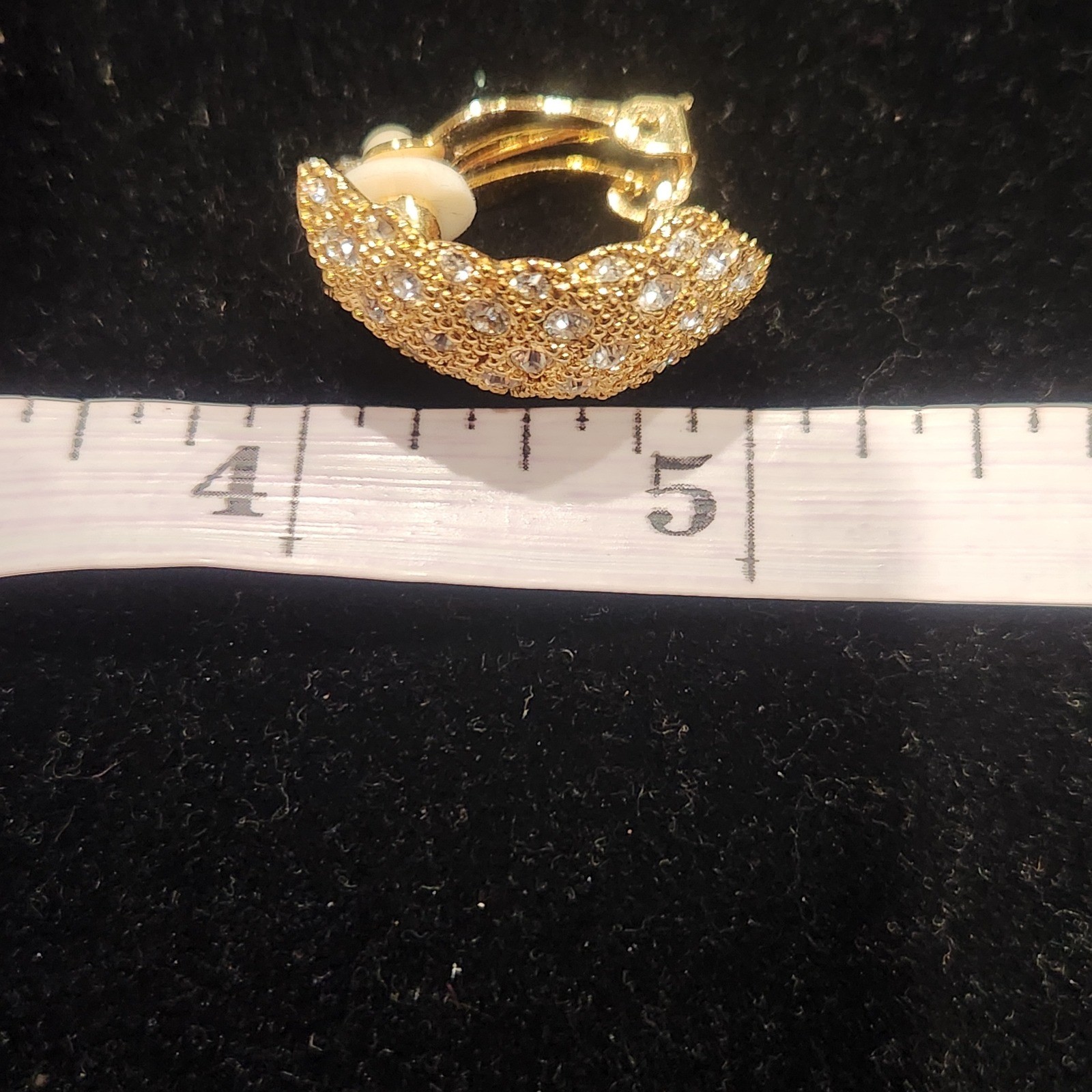 Gold Tone Pave Rhinestone Clip On Earrings Vintage Style Scalloped J Hoop