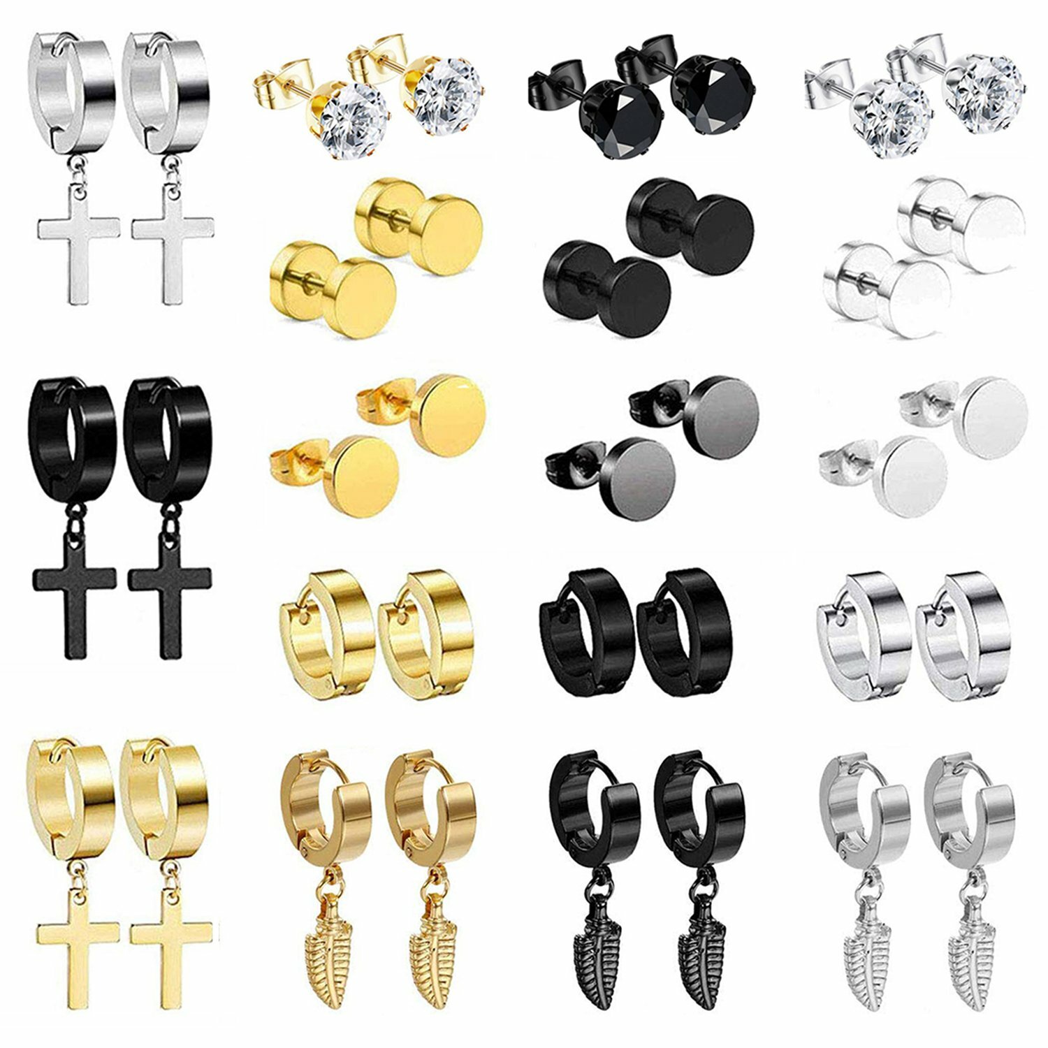 18 Pairs Stainless Steel Huggie Hoop Hinged Stud Earrings Cross Feather Dangle