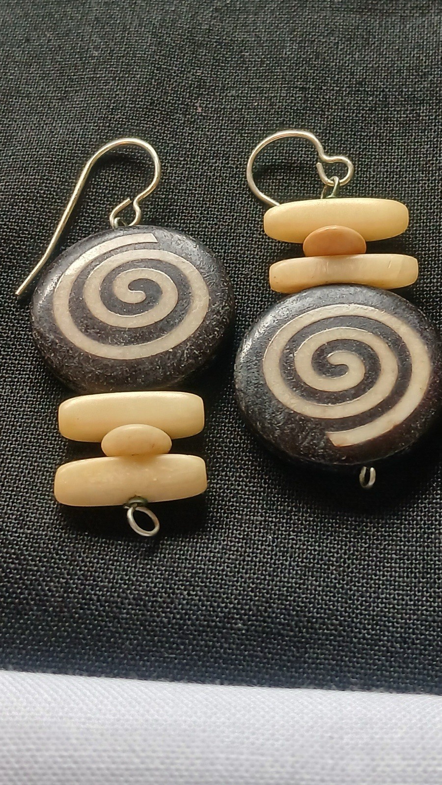 Vintage Artisan Black Ivory Spiral Round Dangle Earrings Hook