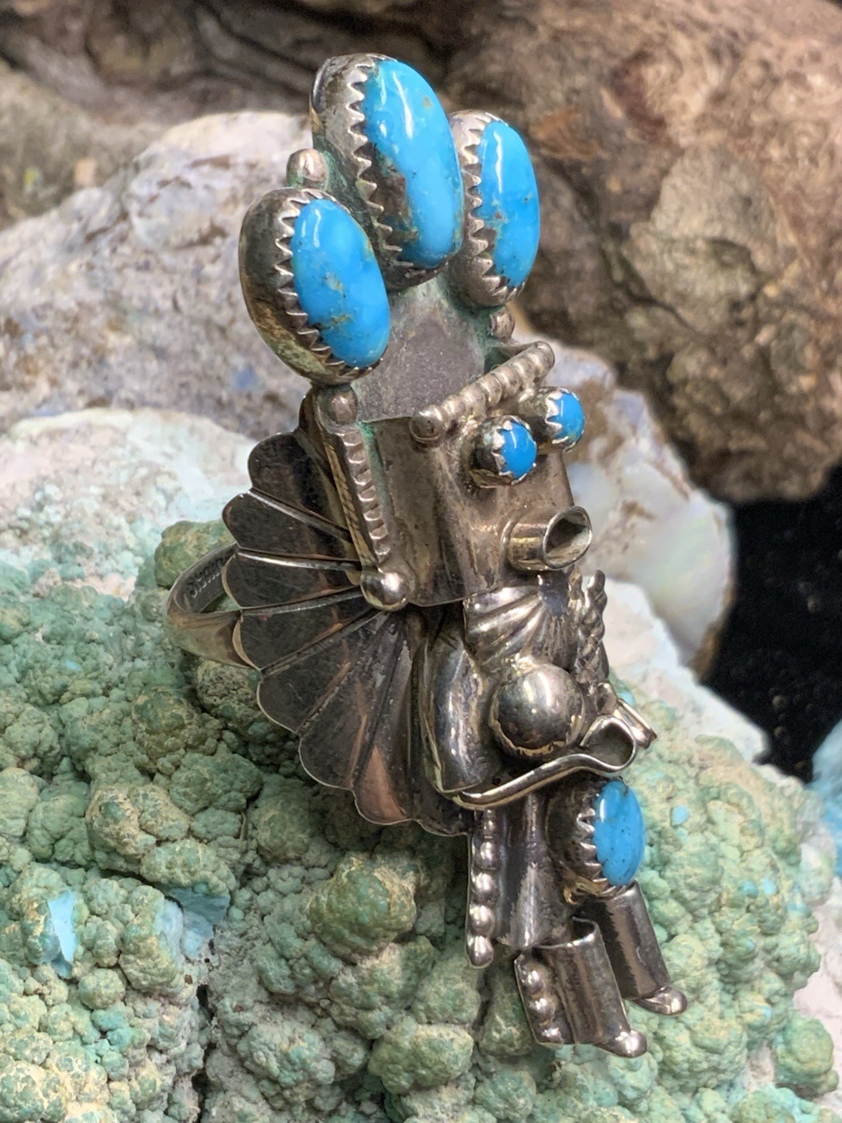 Navajo “Doris Smallcanyon” Sterling Silver & Turquoise Kachina Ring, 16.3g