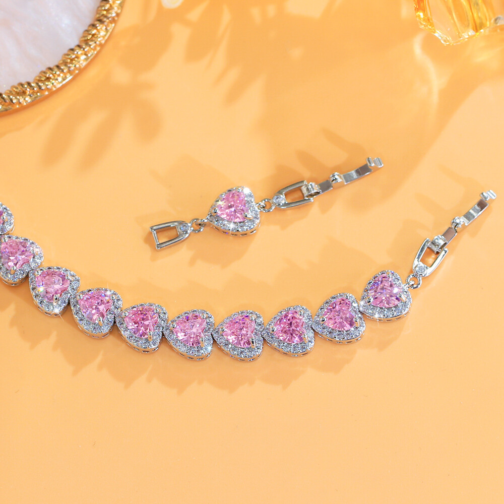 Trendy Silver Plated CZ Pink Austrian Crystal Heart Tennis Bracelet for Women