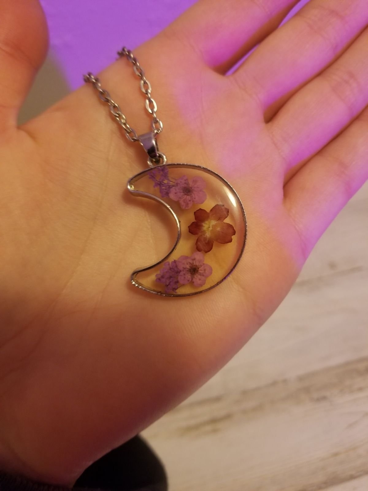 Flowers moon necklace boho hippie jewelry plant nature gift witch crescent love