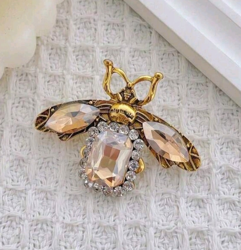 VTG GOLD TOPAZ HONEY BEE INSECT BUG BROOCH PIN~RHINESTONE CRYSTAL~GARDENER GIFT