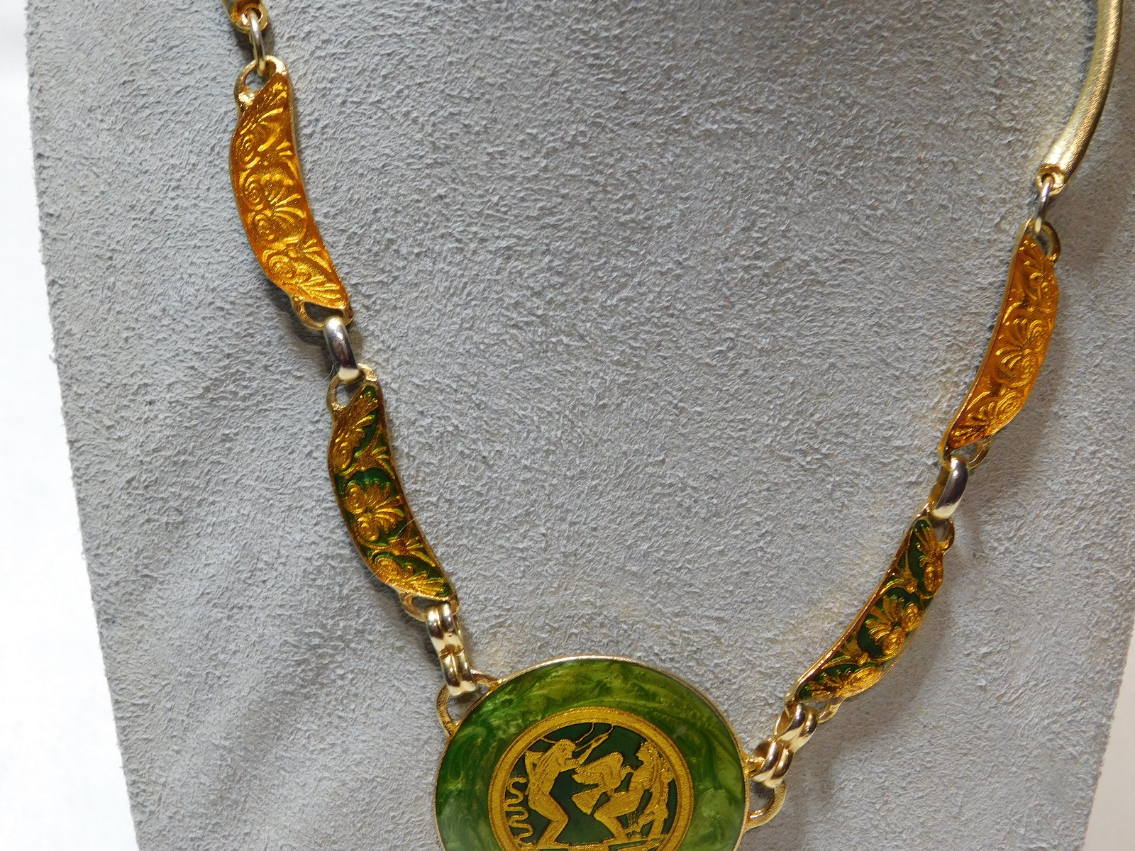 Nice, Metal and Enamel Greek Theme 16″ Pendant Necklace in Good Condition