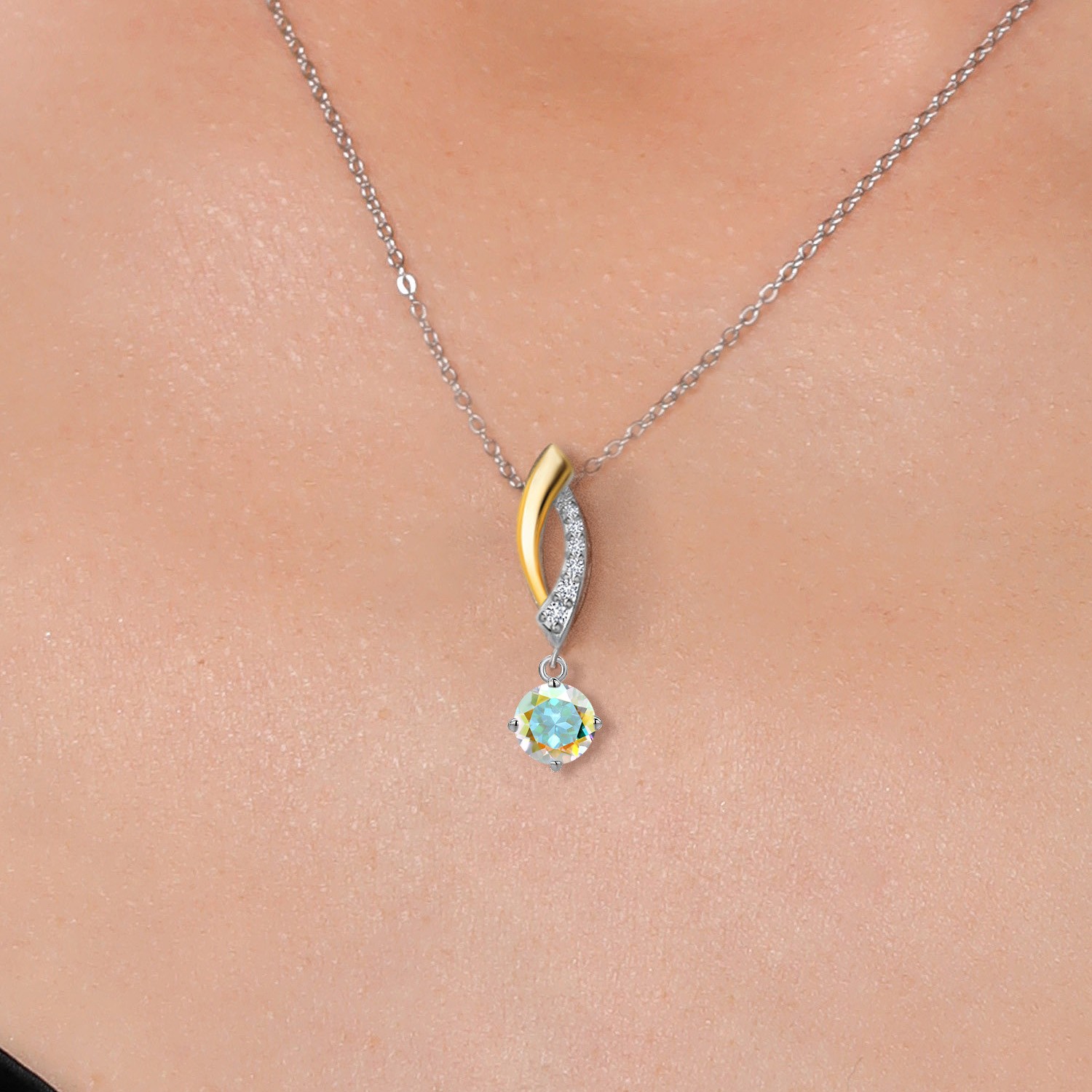 925 Silver and 10K Yellow Gold Mercury Mist Mystic Topaz and Lab Grown Diamond