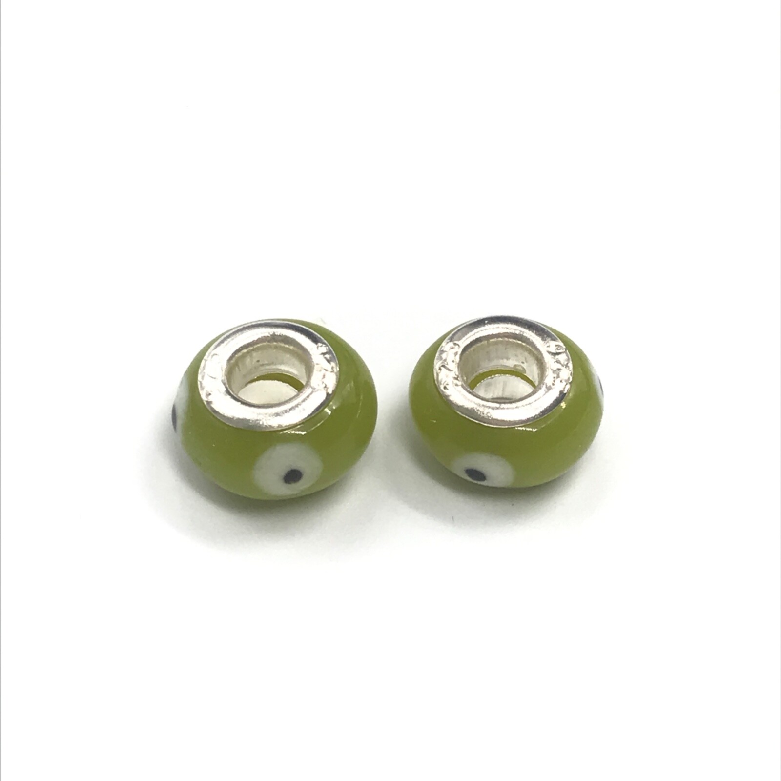 925 Sterling Silver Olive Green Black White European Murano Glass Bead Set Of 2