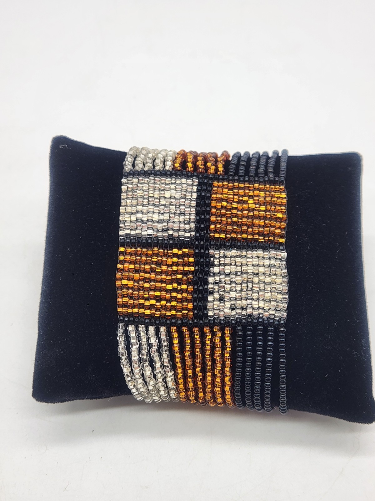 Black, Silver & Gold Woven Seed Bead Bracelet Geometric Pattern 7″