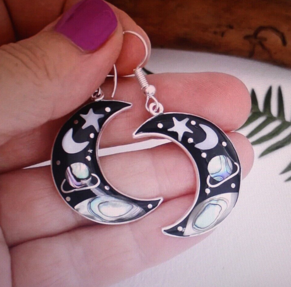 Universe Starry Sky Crescent Silver Plated Hook Earrings Space Celestial NWT