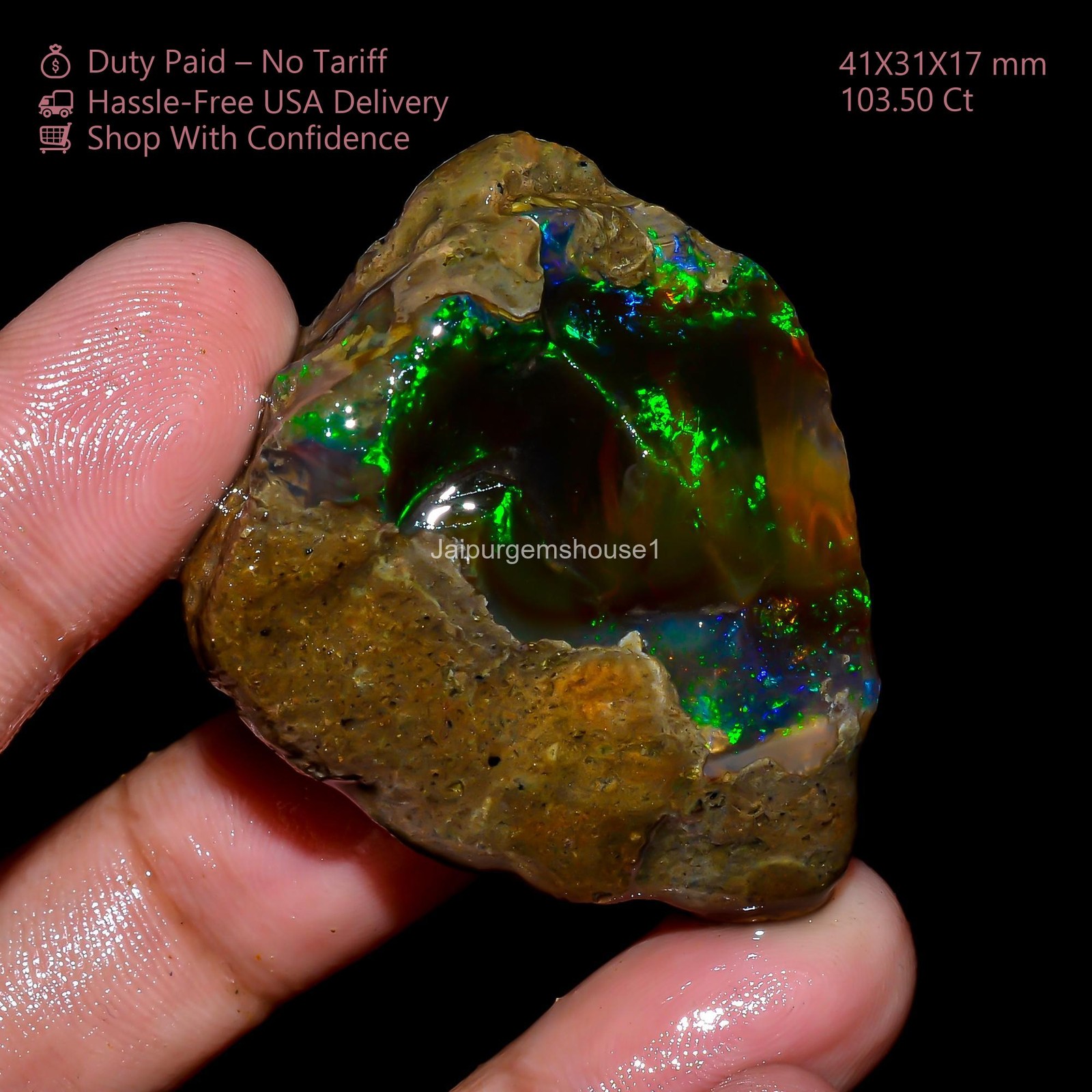 Multi Fire Ethiopian Opal Rough Gemstone Crystal Opal Raw (103.5Ct, 41X31X17 mm)