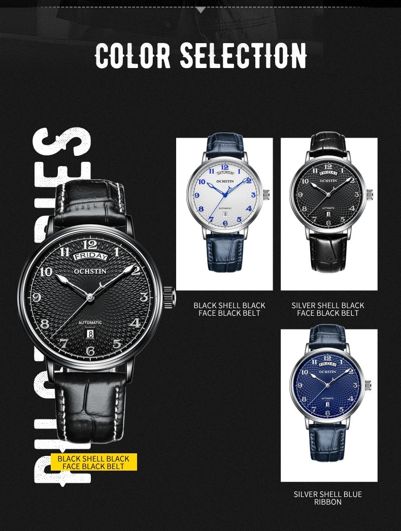 OCHSTIN Men’s Automatic Mechanical Watch Business 3ATM Day Date Leather Strap