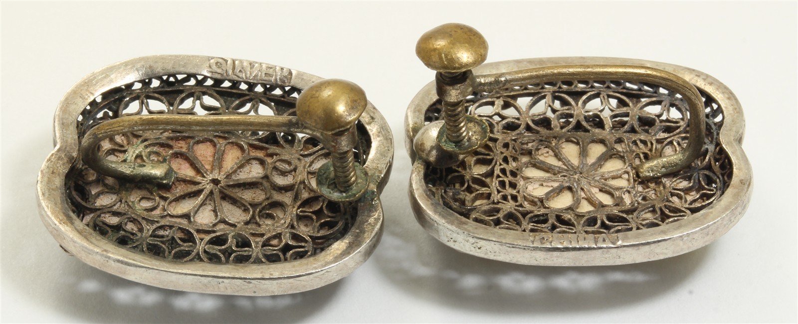 Vintage Chinese Export Sterling Silver Filigree Carved Bird Screwback Earrings