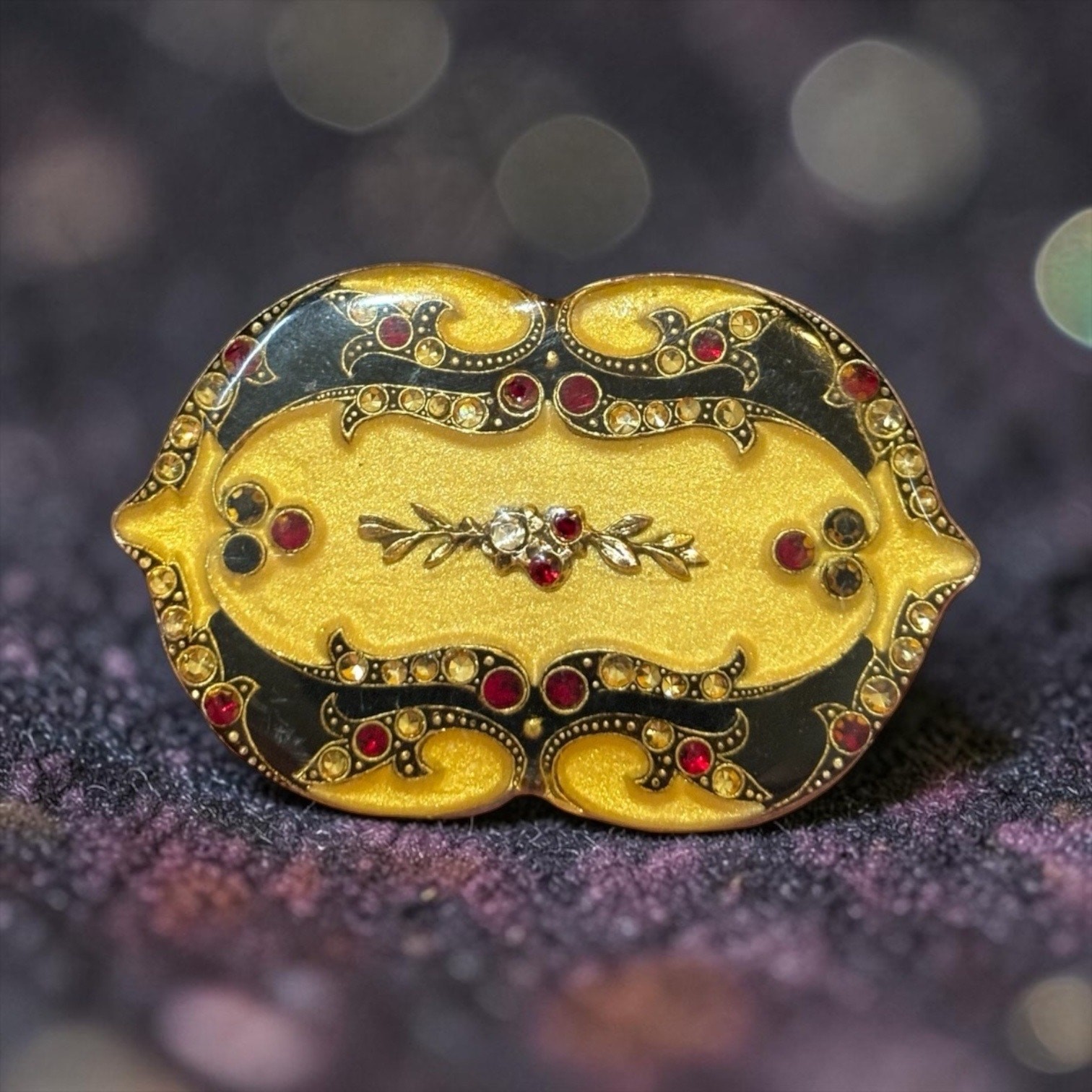 Art Deco Rhinestone Enamel Brooch Gold Black Red Jeweled Statement Pin