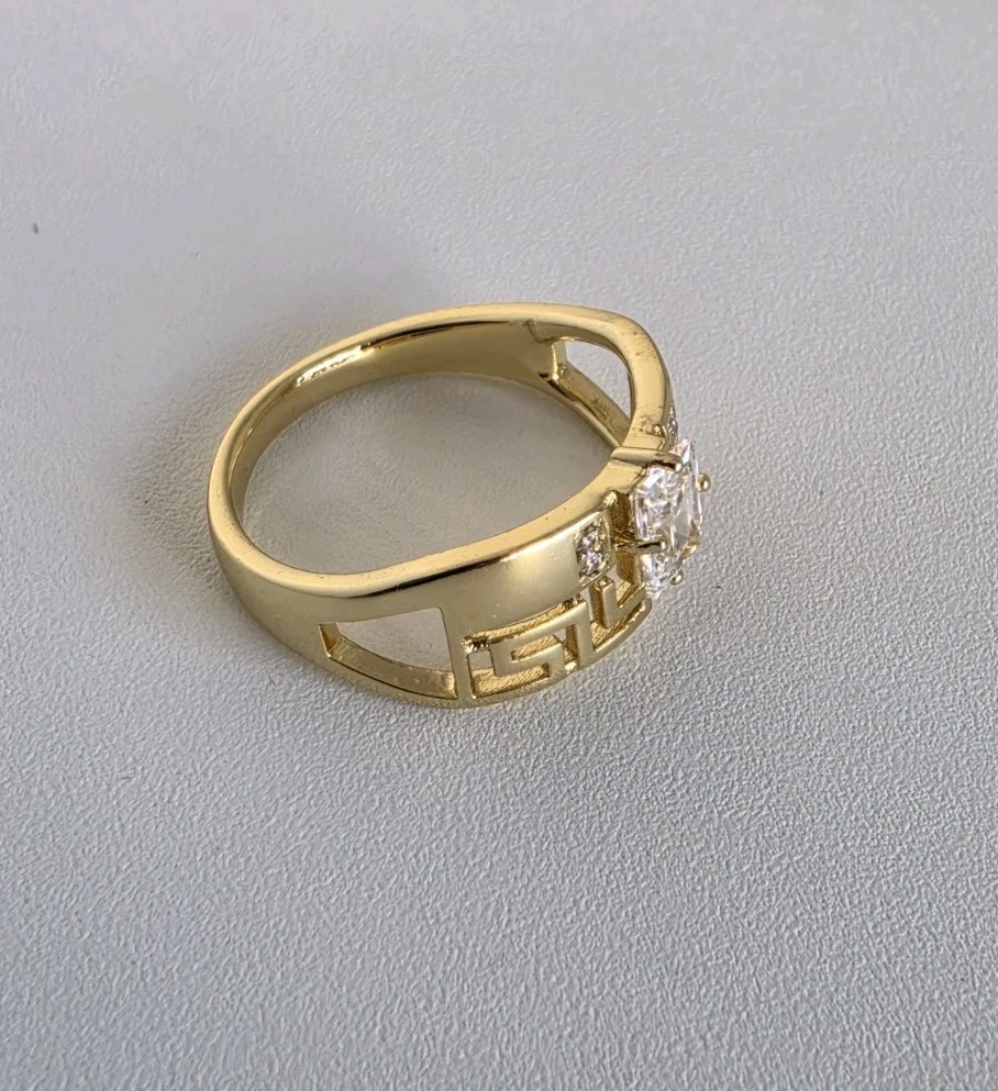 Gold Plated 14K Tone Greek Key CZ Ring Princess Cut Size 7 Statement Band