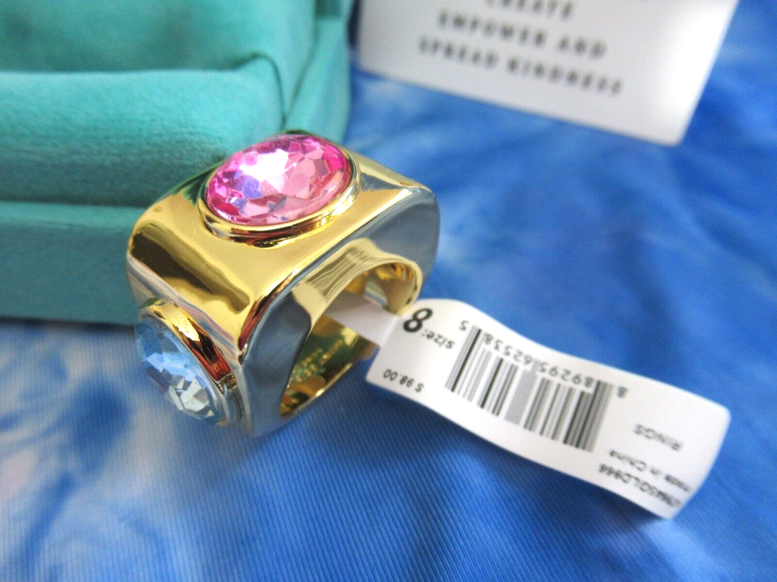 KURT GEIGER LONDON Triple Stone Blue Pink Green Cocktail Ring Size 8 Imported NW