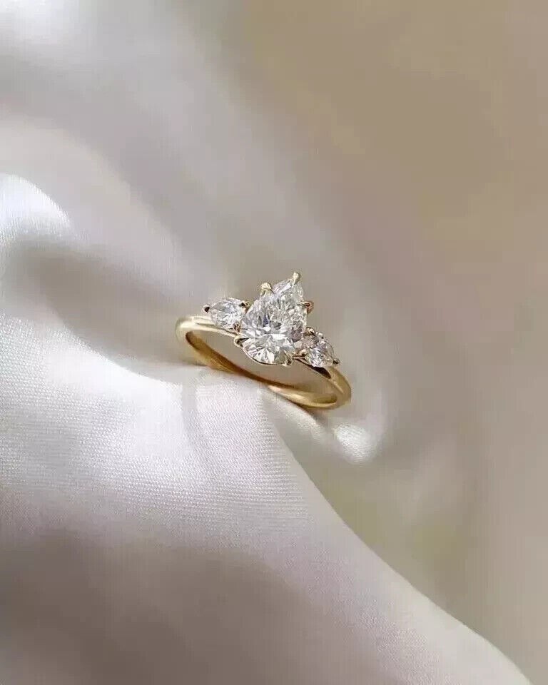 Three Stone Promise Ring 2CT Pear Cut Simulated Diamond 14K Yellow Gold Plated