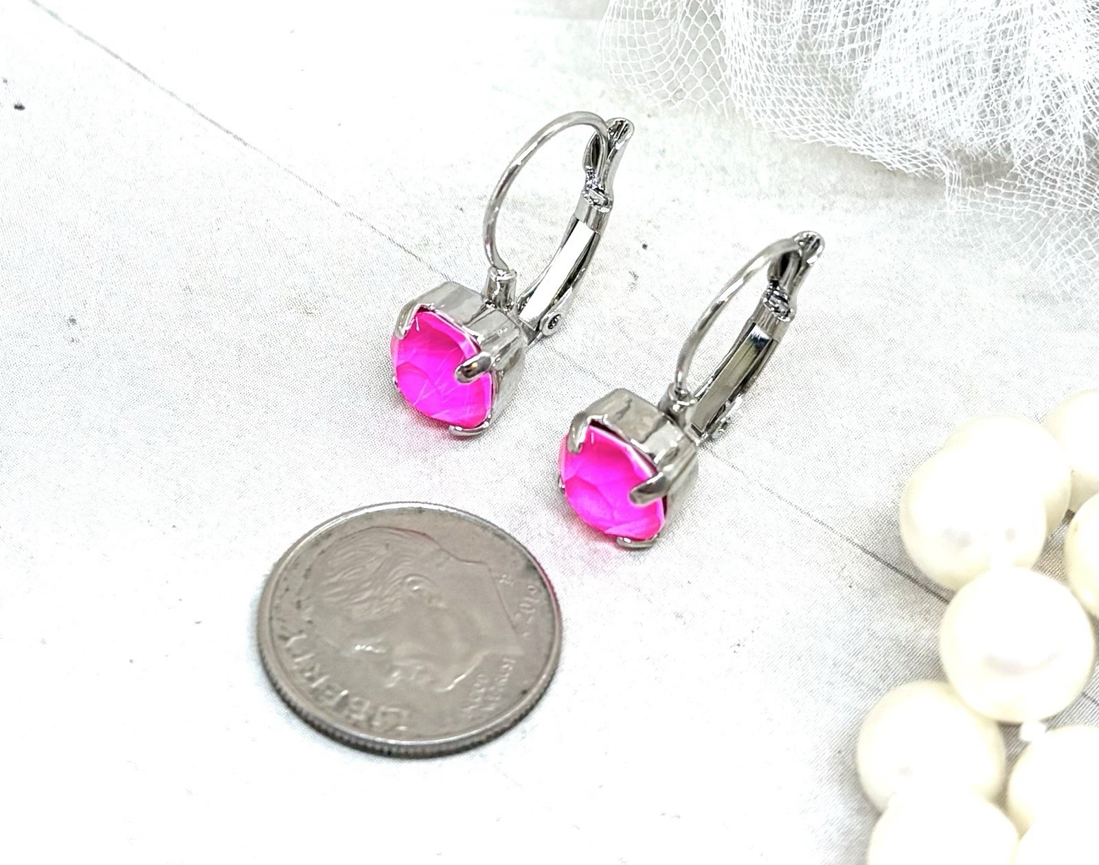 8mm Shiny Silver Plated Neon Pink Cup Chain Drop Earrings