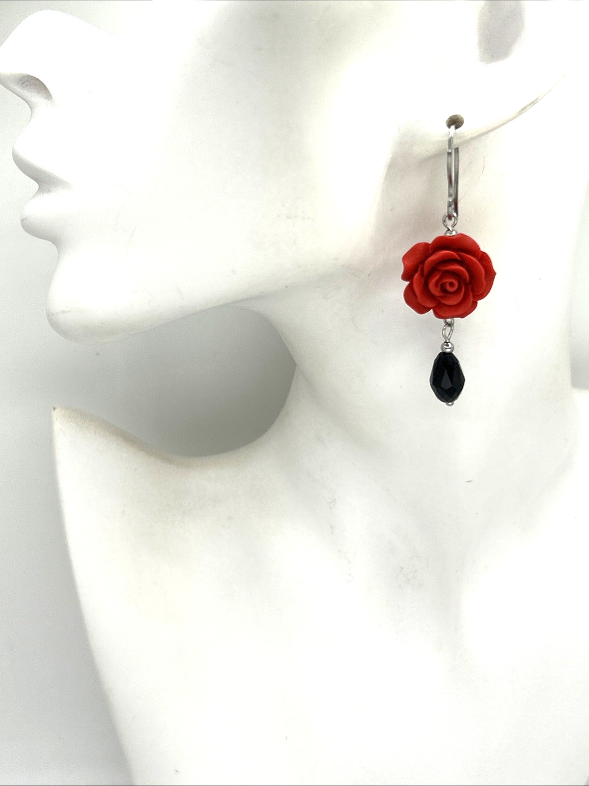 Jumbo Red Cinnabar Roses w Black Drop Stainless Steel Hooks Dangle Earrings GOTH