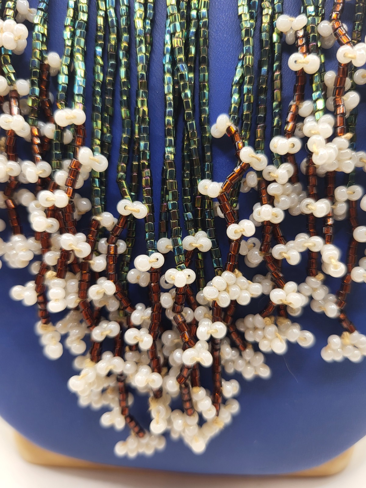 Handmade Blue Iridescent White Seed Bead Fringe Waterfall Choker Bib Necklace