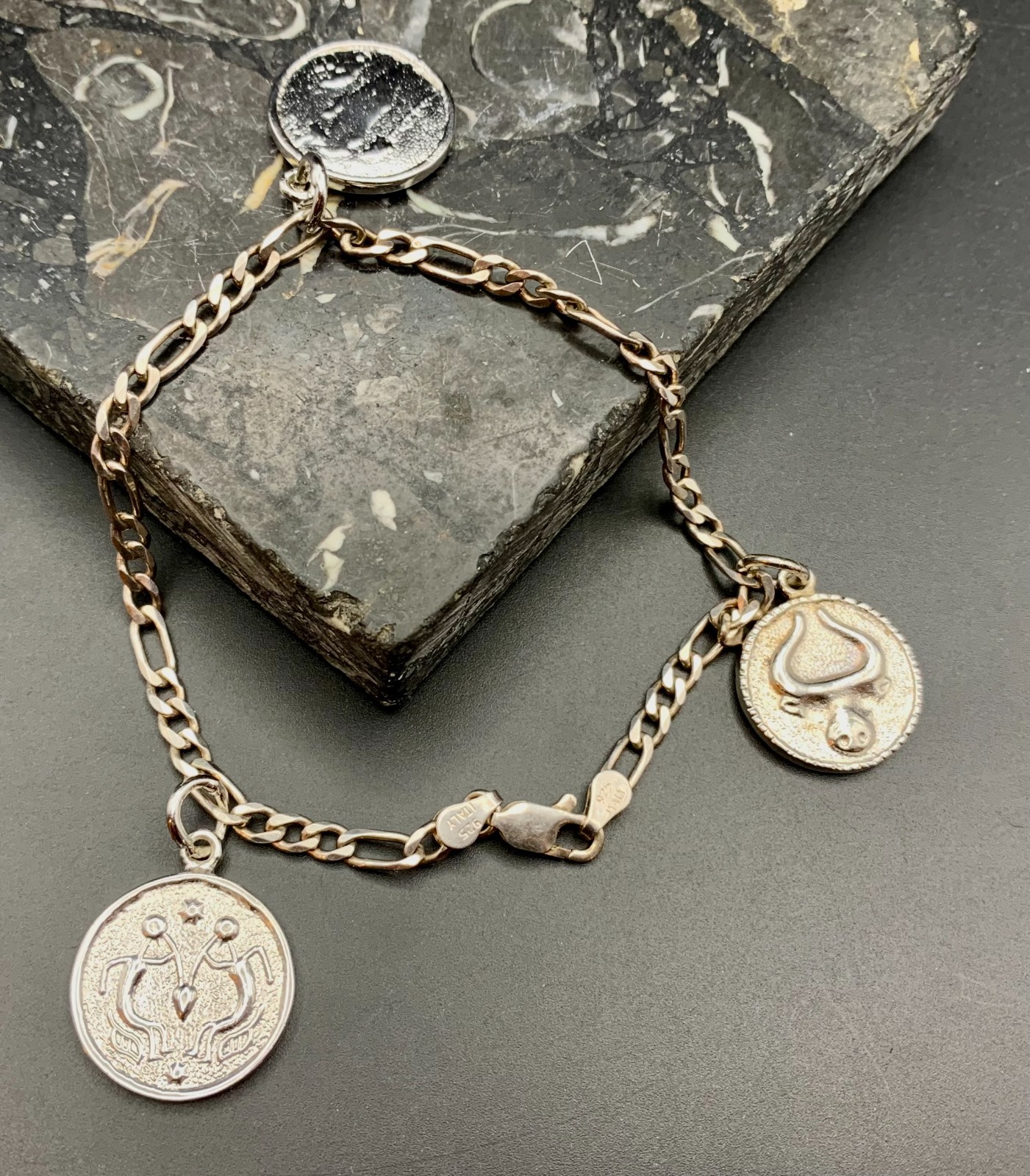 Vintage Italy 925 Figaro Chain Bracelet With Zodiac Style Charms 8.25″
