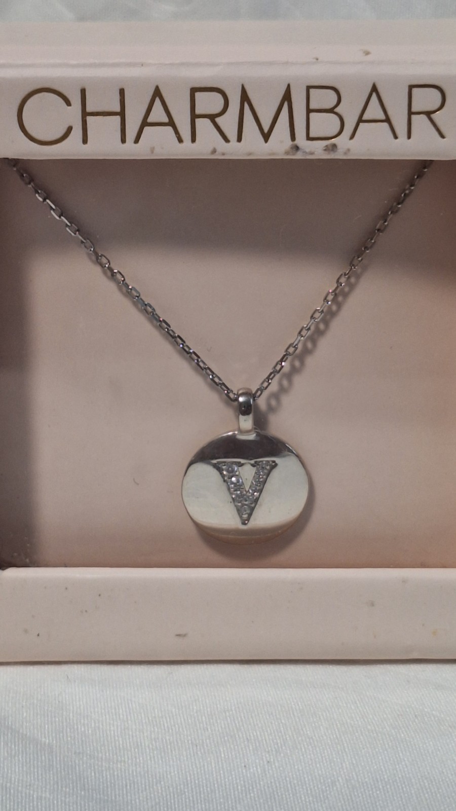 CHARMBAR V Initial Letter Round Pendant Necklace Silver Tone White Crystal