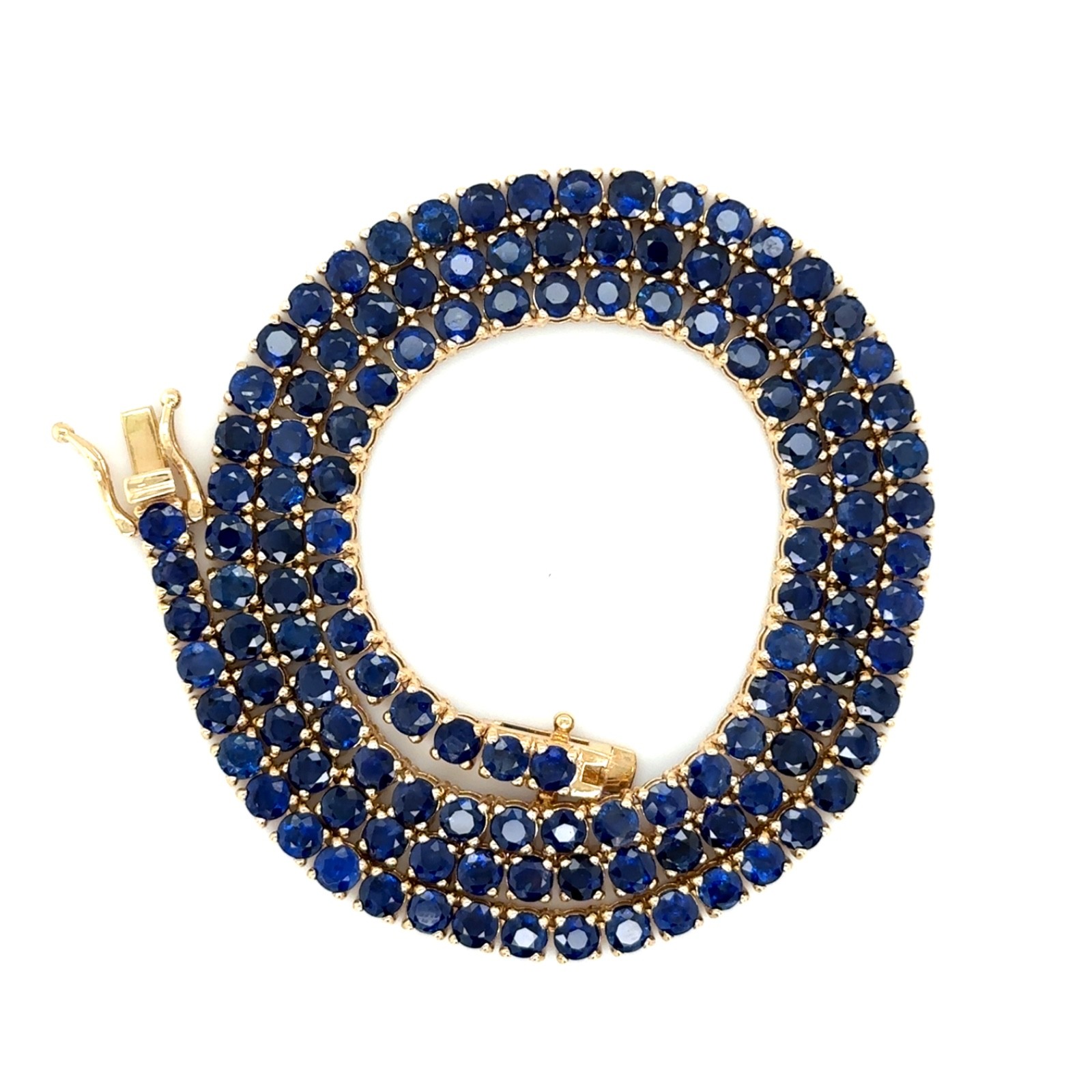 14K Yellow Gold 17″ Full Eternity Round Blue Sapphire Tennis Necklace 28.85ctw
