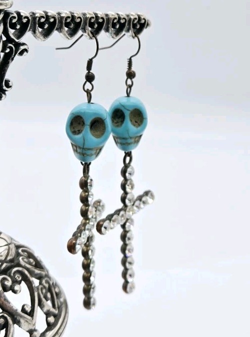 Turquoise Howlite Crystal Cross Drop Dangle & Skulls Earrings Halloween 3.75 in