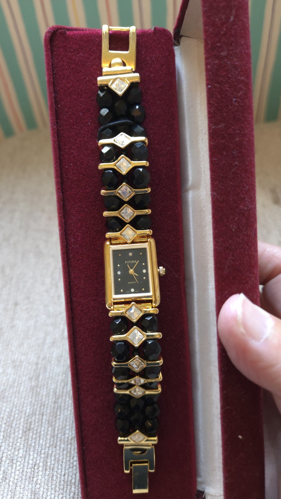Vintage Futura 3780 Women’s Watch Black Beaded Rhinestone Quartz w/ Original Box