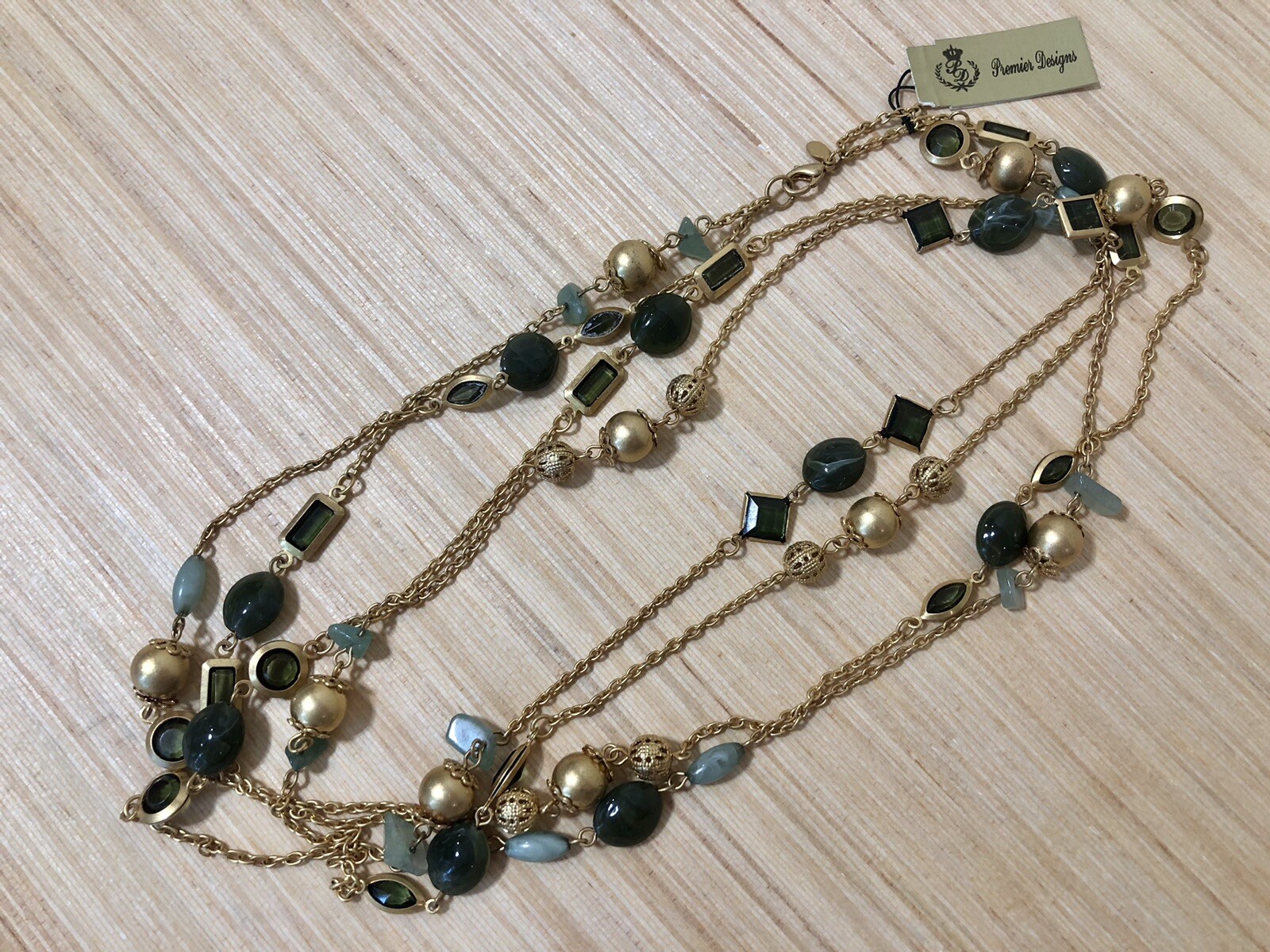 Premier Designs “WESTBURY” Necklace Green Stones Gold