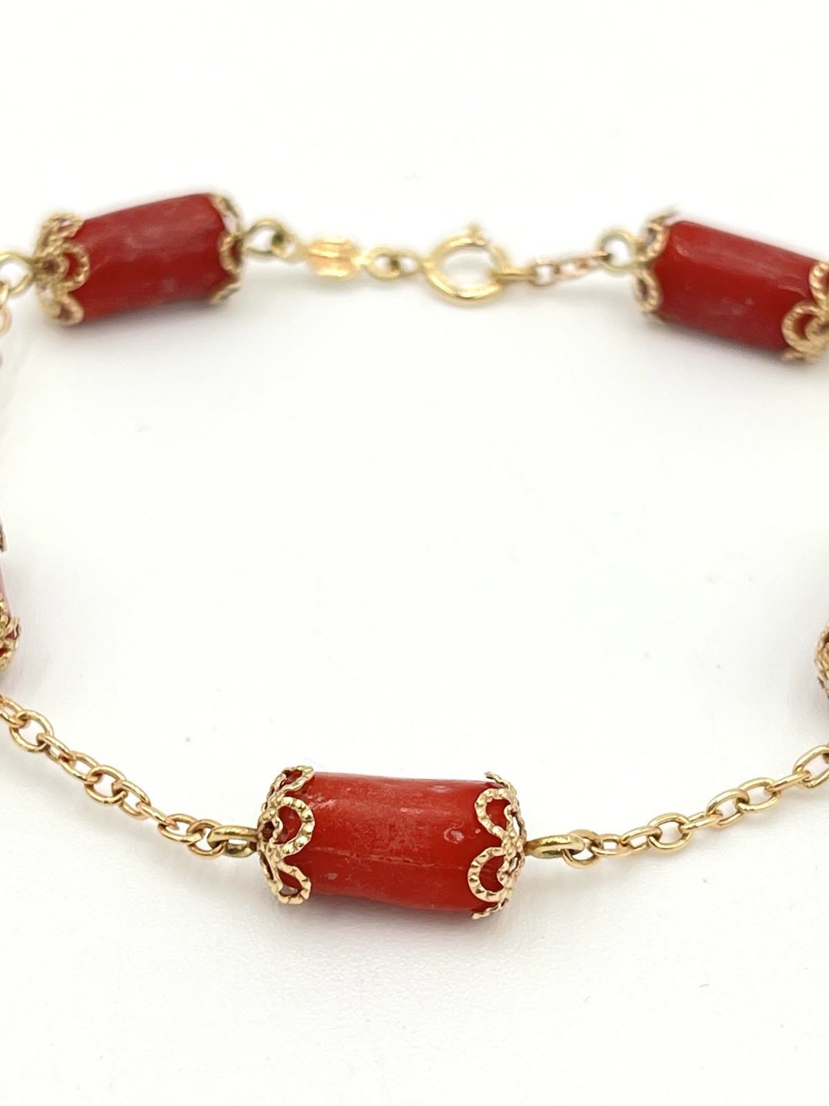 Handmade 14kt Gold Barrel Mediterranean Red Coral Bracelet