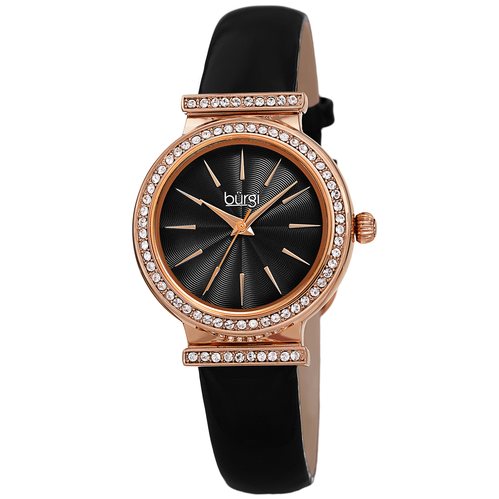 Women’s Burgi BUR230BK Black Swarovski Crystal Guilloche Leather Strap Watch