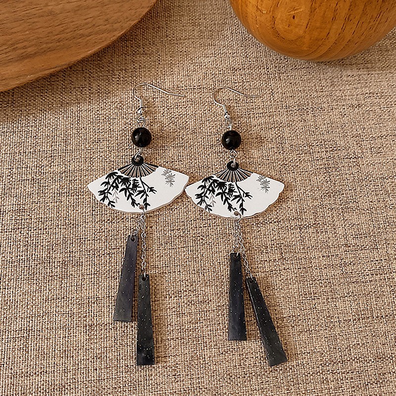 Women’s Black White Fan Tassel Dangle Drop Earrings Hook Fashion Jewelry Gift
