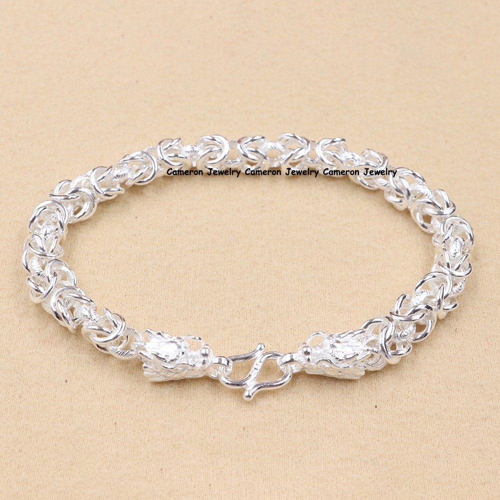 Pure S999 Fine Silver Dragon Head Chain Interlocking Link Bracelet 17-18g 8.26in