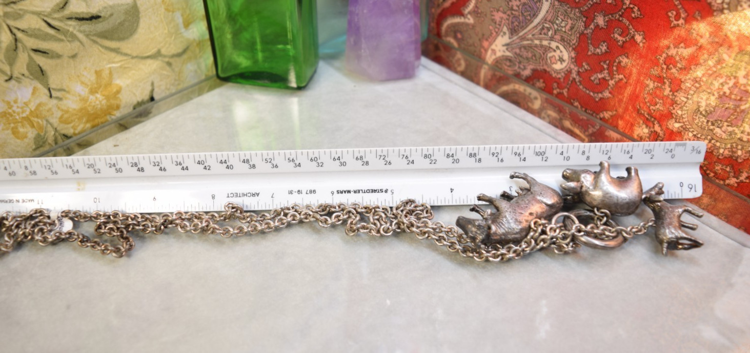 Susan Cummings Sterling Farm Animal Big Charm Pendant Necklace Cow Pig Goat 30″
