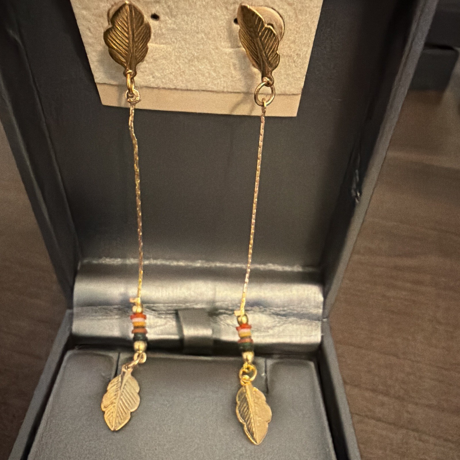 Gold filled Leaf Dangle/Drop Earrings, Multicolor Bead Accents, Butterfly