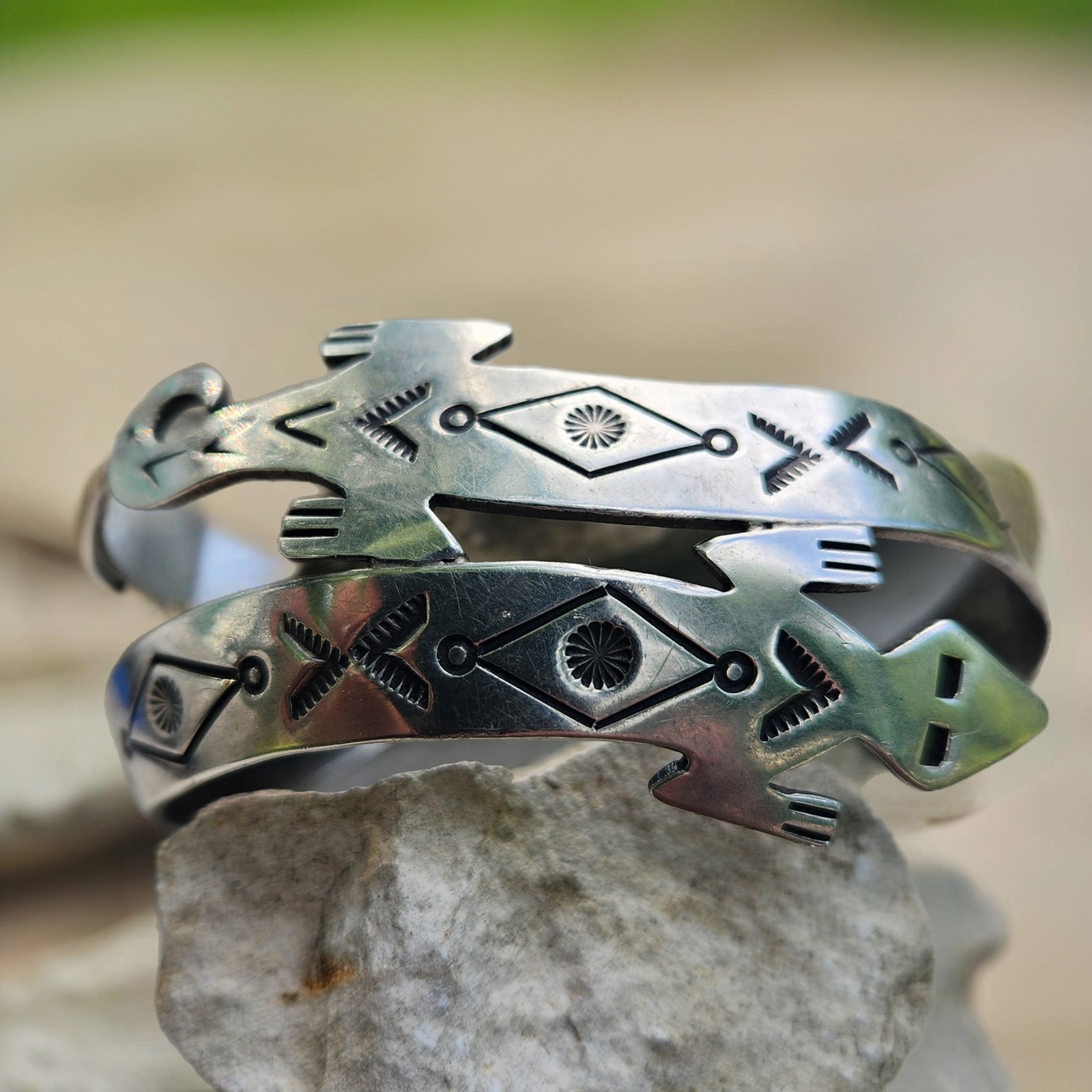 Vintage Navajo Gecko Lizard Wrap Cuff Bracelet Hand Stamped Sterling