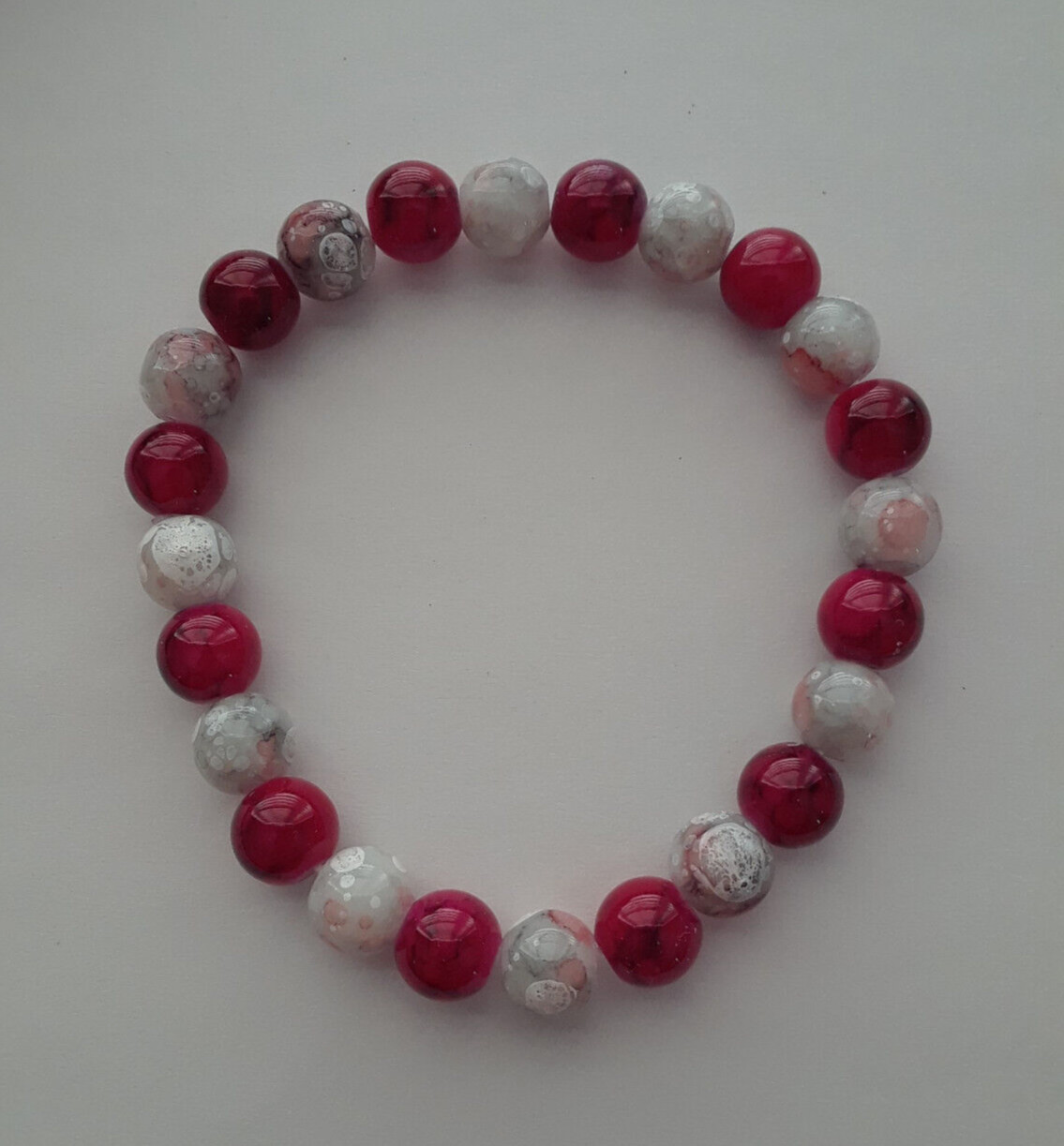 NEW 8MM GRAY/RED MARBLED GLASS BRACELET, BUY ANY 2 GET 3RD FREE
