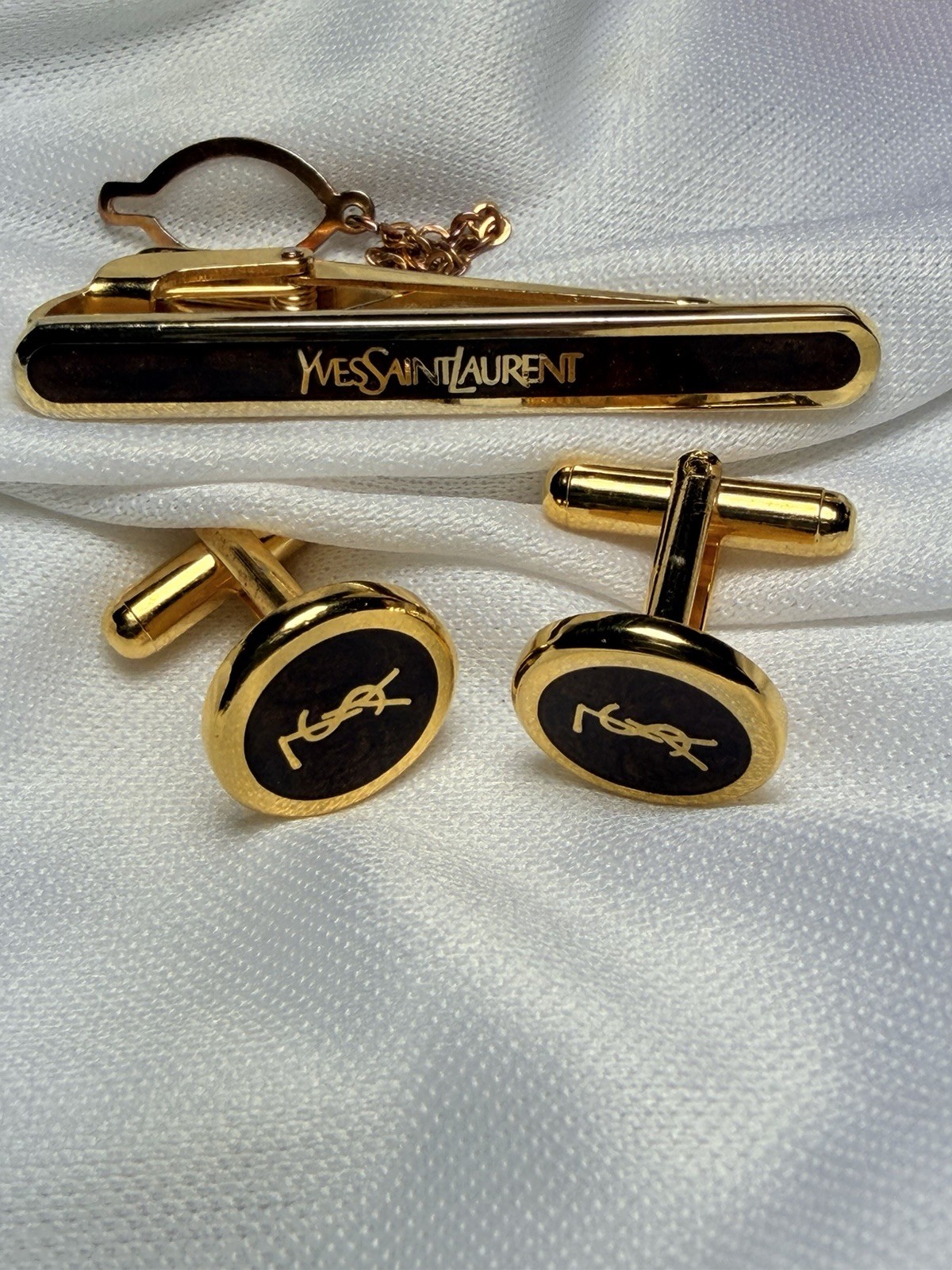Yves Saint Laurent Signed 24k GF Gold-Plated Onyx Bullet Back Cufflinks