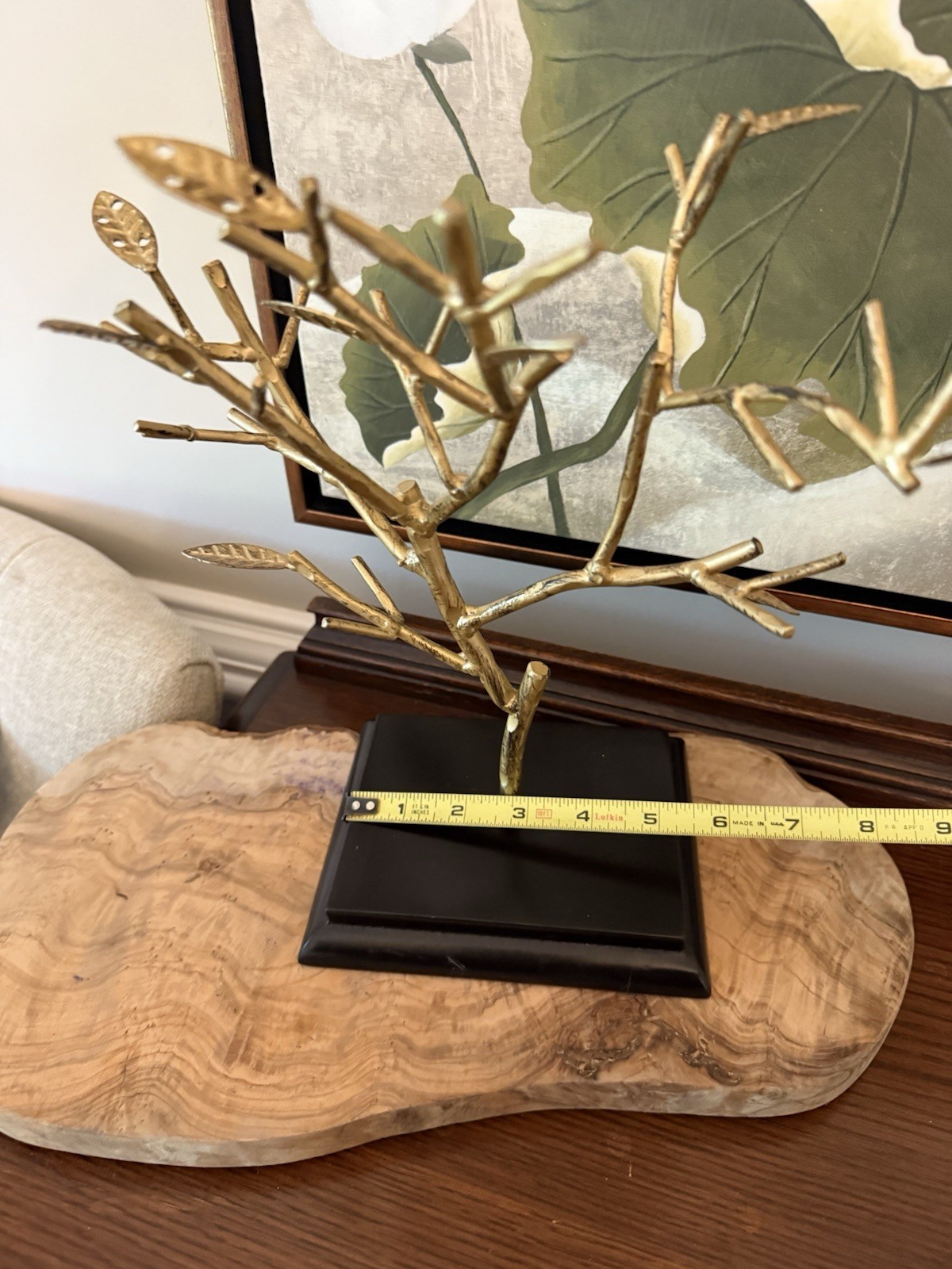 Gold Tone Metal Tree Stand Heavy Base Jewelry Organizer Home Decor 12x11x5”