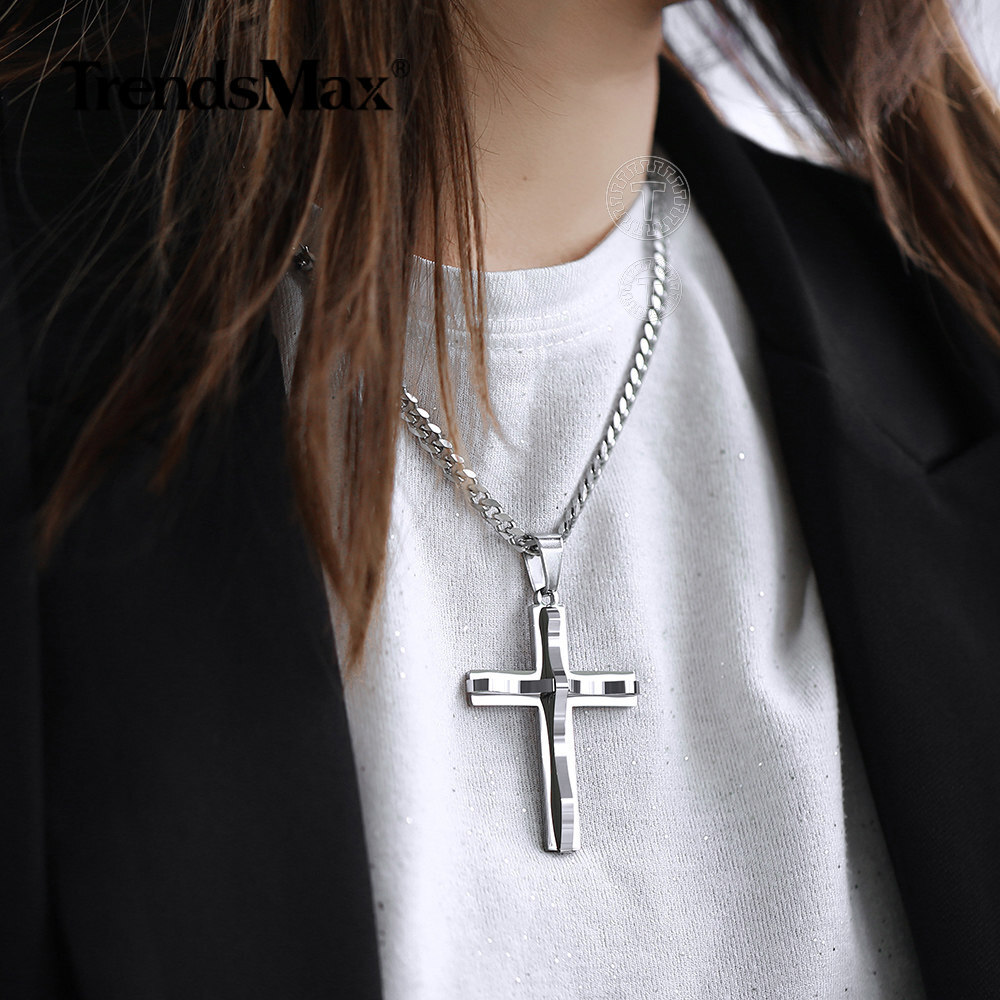 Mens Womens Stainless Steel Curb Chain Necklace w Cross Pendant Silver Gold