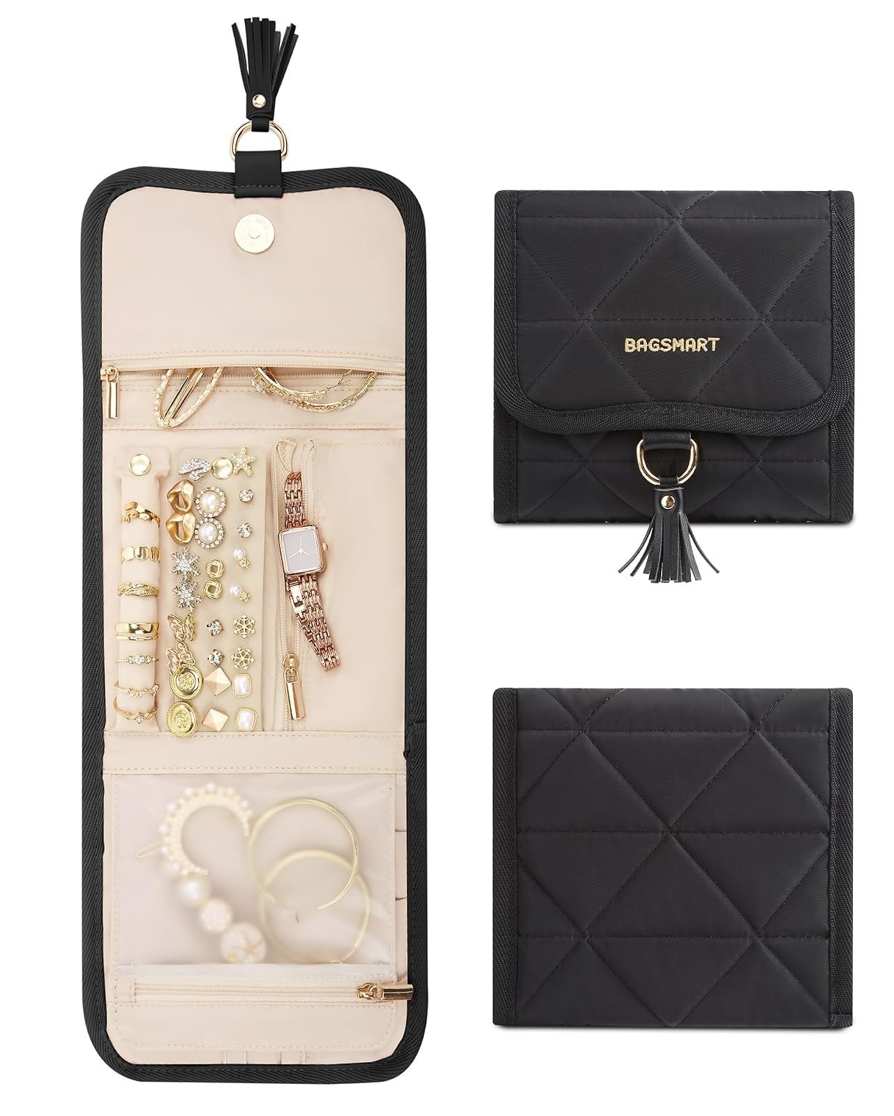 BAGSMART Travel Jewelry Case Organizer – Portable Pink Jewelry Roll