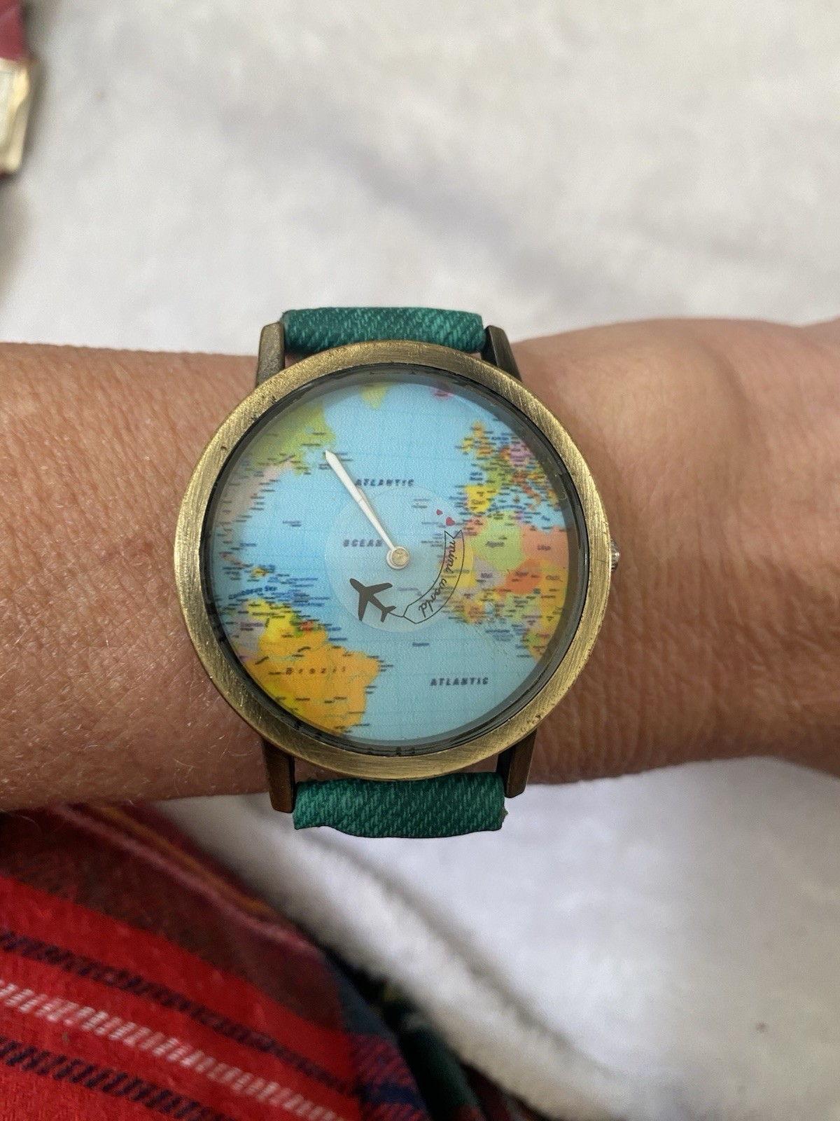 Novelty World Map Airplane Second Hand Watch BronzeToneTravelThemeNewBattery