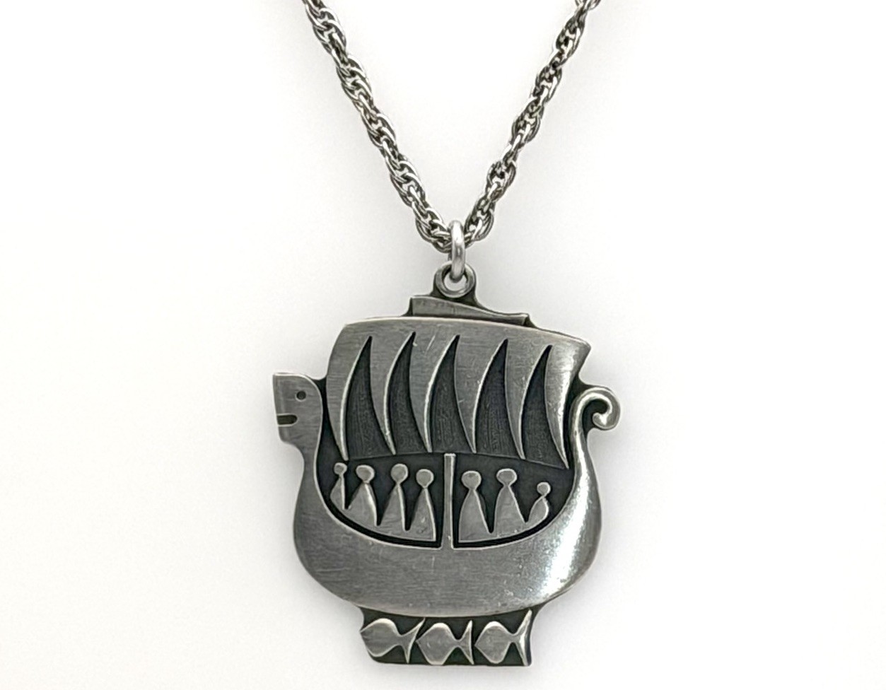 Pewter R Tennesmed Sweden Viking Ship Pendant Necklace Scandinavian Modernist