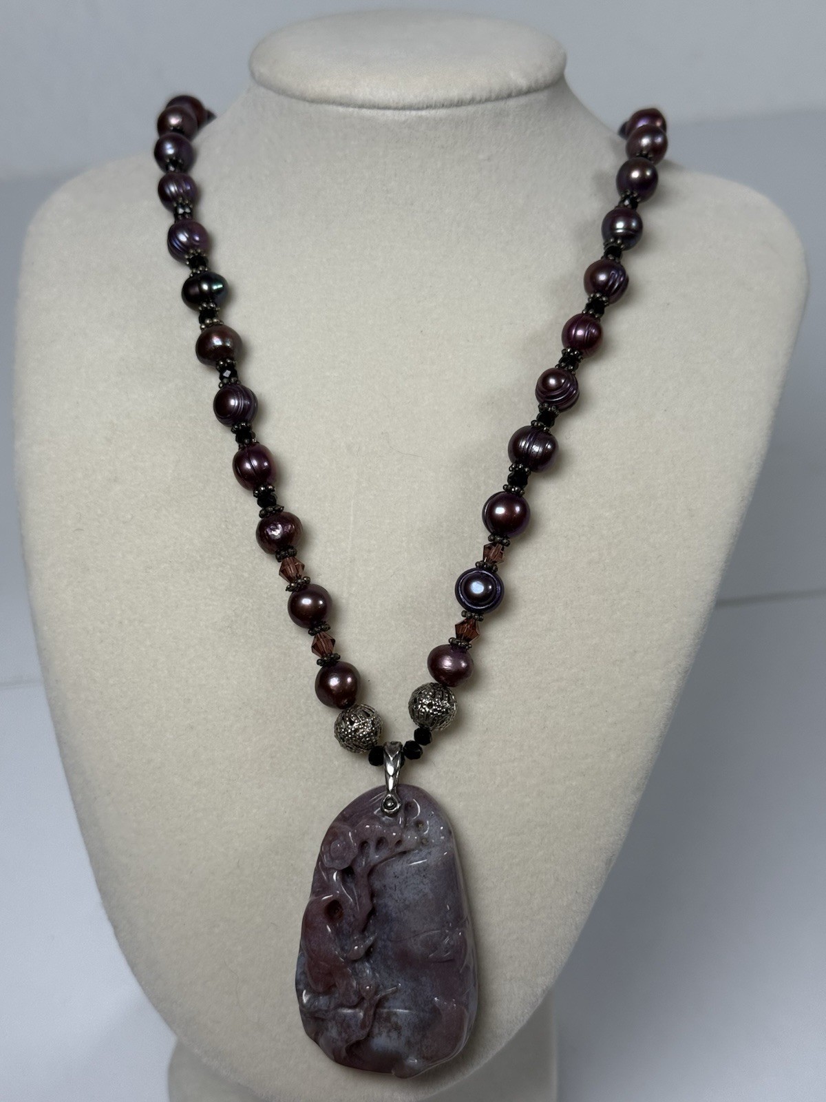 Vintage Carved Plum Blossom Agate Pendant Necklace Dyed Purple Freshwater Pearl