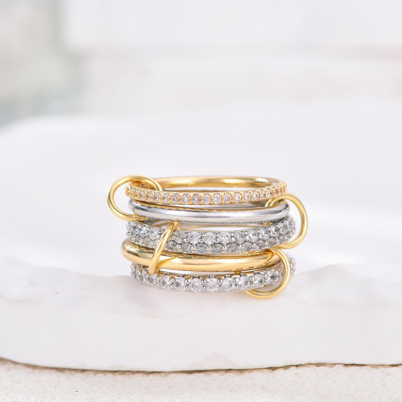 14K Gold Interlocked Stackable Rings for – 5 Layer Silver Gold Ring Stack Set…